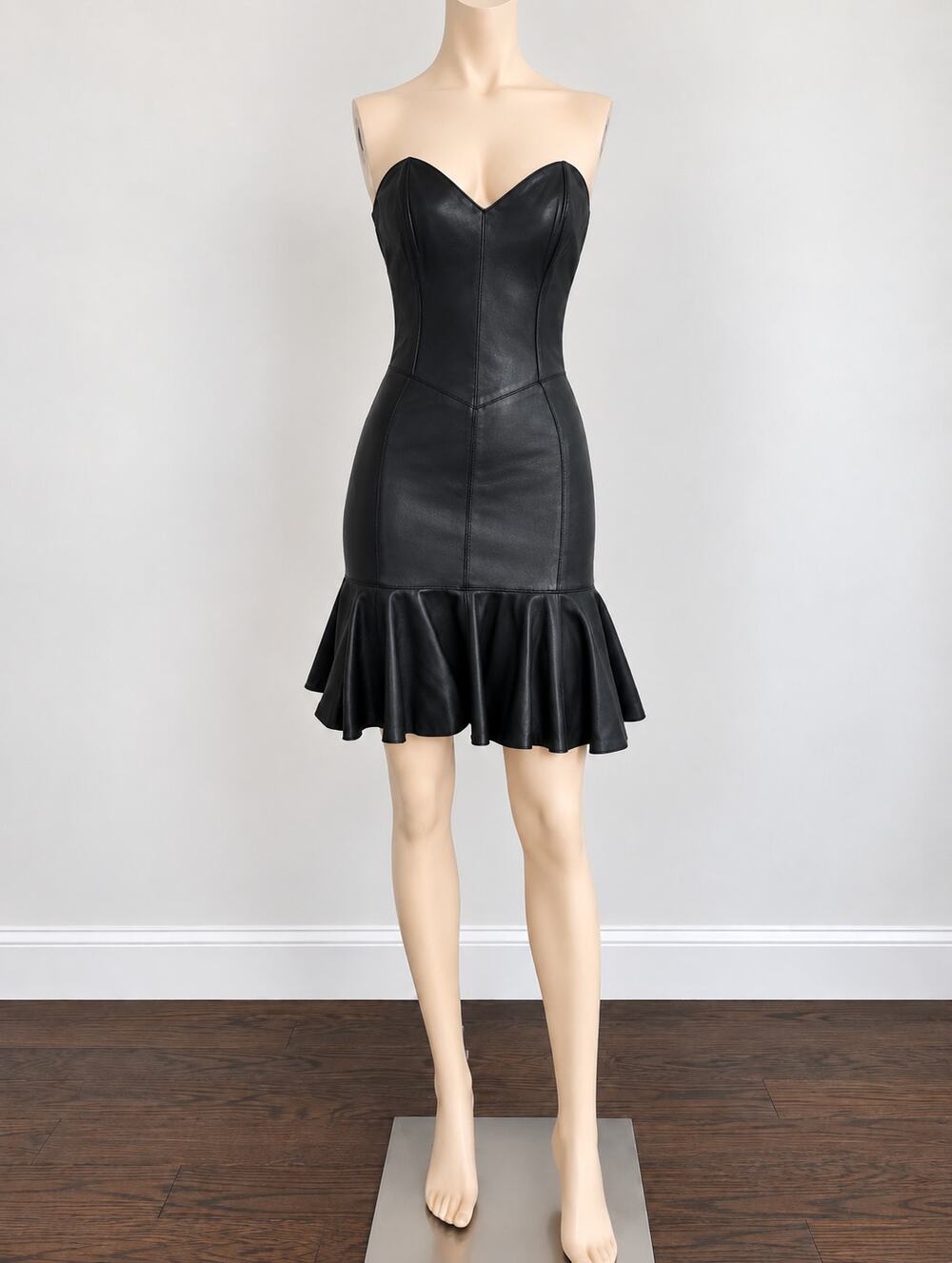 Vintage 1980s Michael Hoban North Beach Black Leather Ruffle Hem Dress M